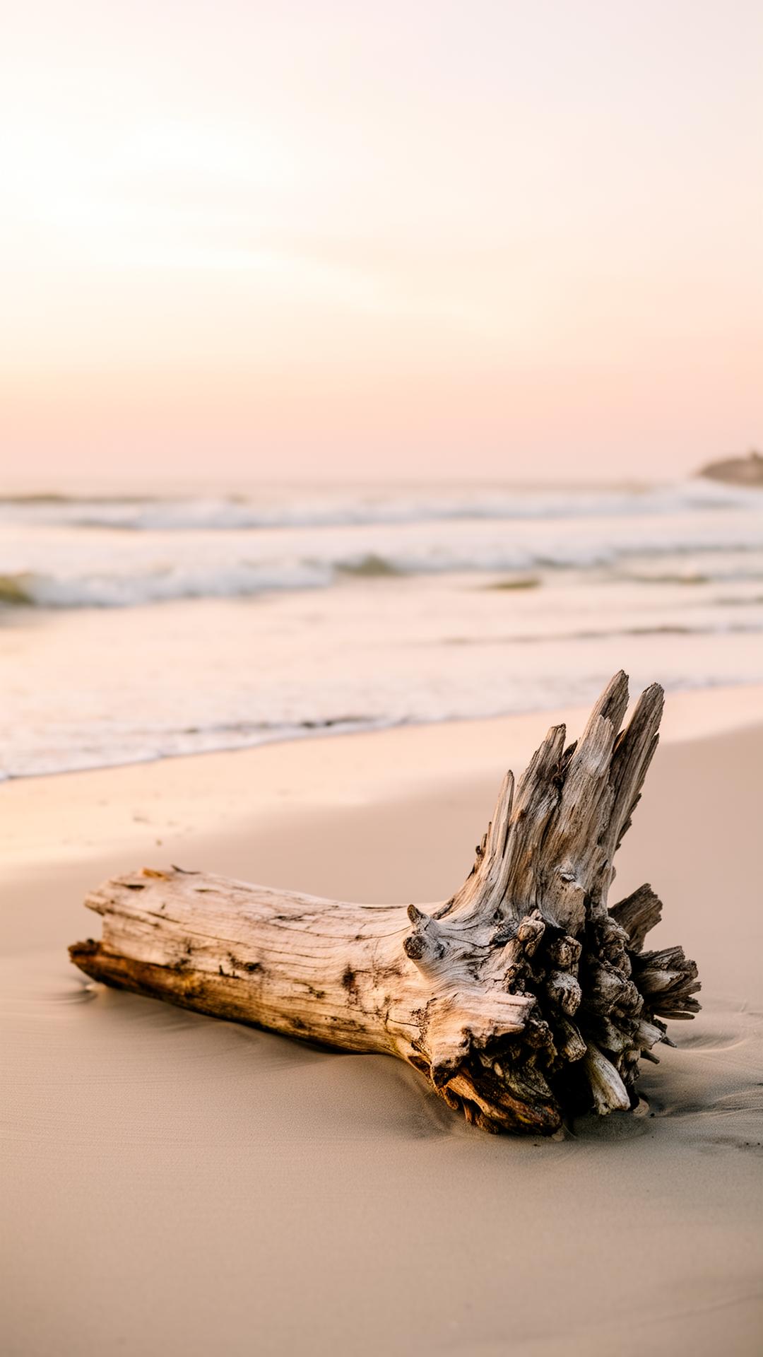 Driftwood on a Charleston beach at sunset